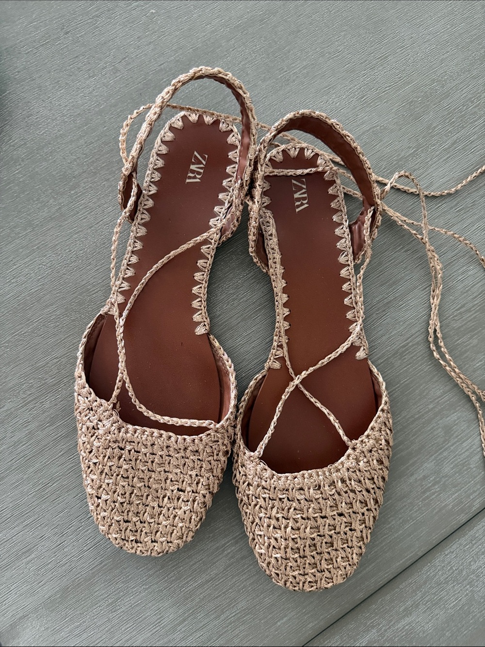 Zara Natural Woven Lace-Up Espadrille Flats